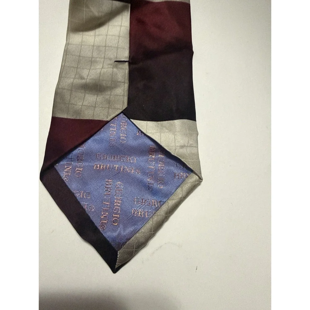 Giorgio Brutini Collezione Mens Silk Tie Burgundy Grey Geometric Grid Formal 4in